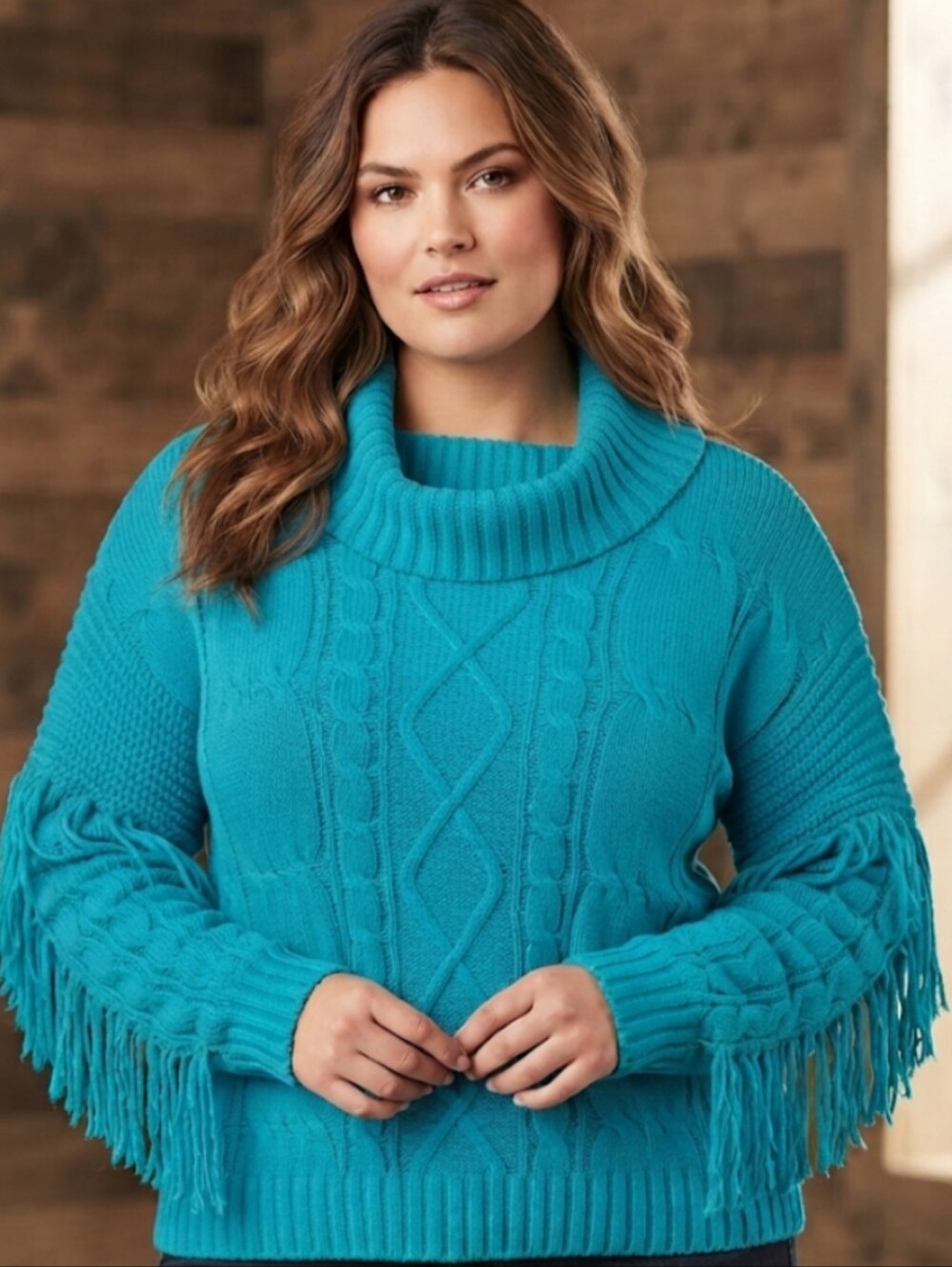 Absolutely Famous Teal Cable-Knit Fringe Turtleneck Sweater